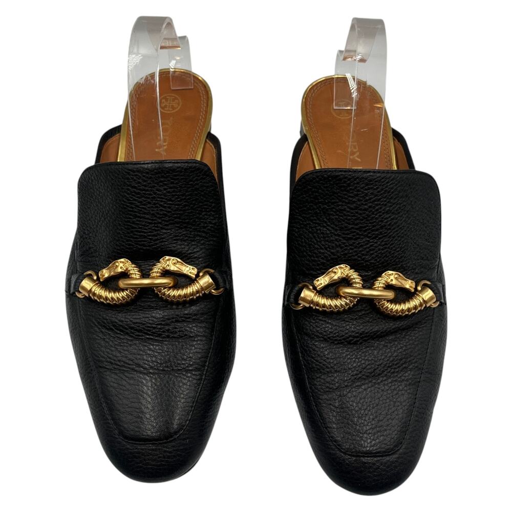 Tory Burch Jessa Chain Pebbled Leather Backless Loafers Mules Clogs Black Sz 9M - Picture 3 of 9